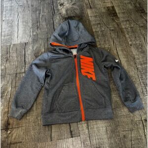 Nike Boys Dri-FIT Full Zip Hoodie Gray Orange Logo Sweatshirt Size 4 XS
